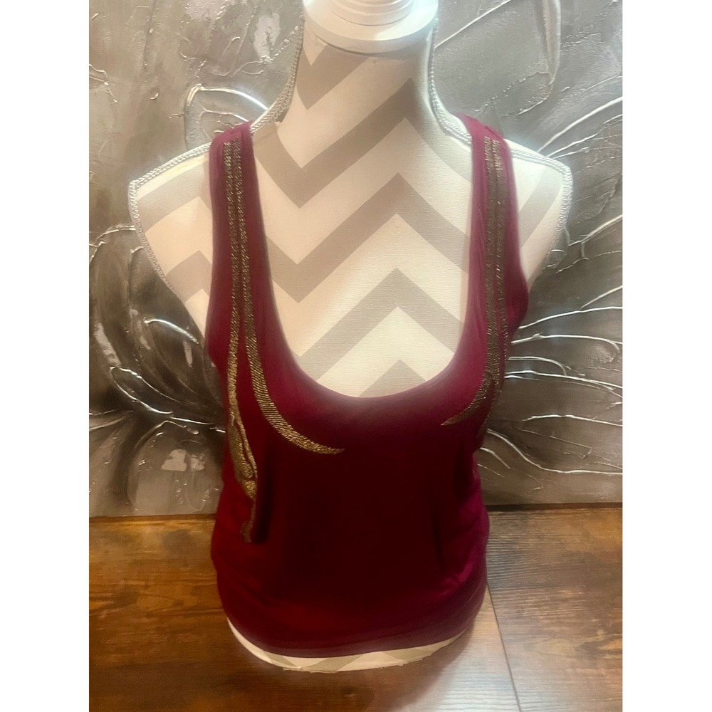 Matty M Burgundy Racerback Tank Top Blouse w/ Gold Beaded Embellishments -Size S